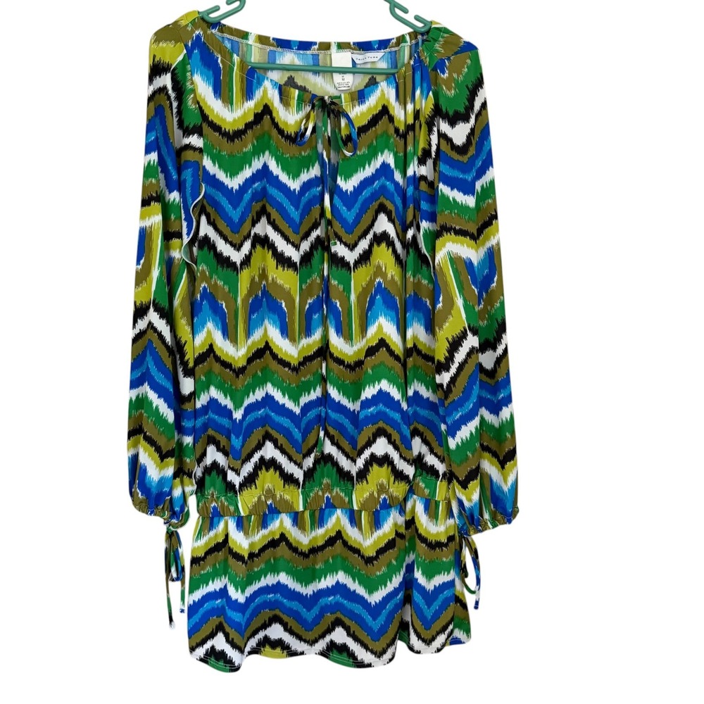 Trina Turk Chevron Stripe Mini Beach Dress M Boho Swim Coverup Slit Slv Coastal